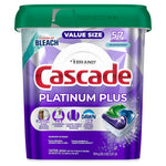 Front view of a Cascade Platinum Plus dishwasher detergent tub with purple packaging, green lid, product logo and a pictured three‑color pod