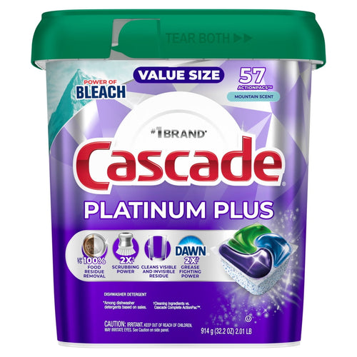 Front view of a Cascade Platinum Plus dishwasher detergent tub with purple packaging, green lid, product logo and a pictured three‑color pod