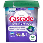 Purple Cascade Platinum Plus tub with green lid showing detergent pod graphic and '62 pacs' badge