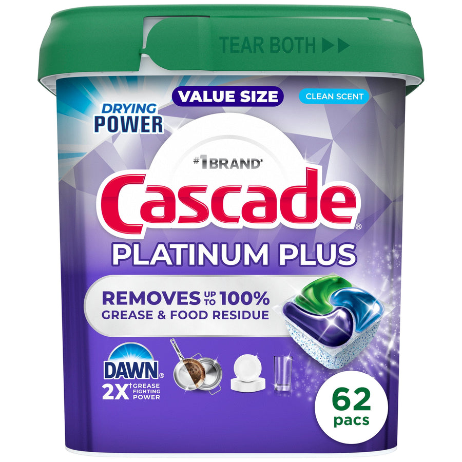 Purple Cascade Platinum Plus tub with green lid showing detergent pod graphic and '62 pacs' badge