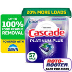 Cascade Platinum Plus purple tub with green lid, 57 pacs badge and Dawn logo callouts