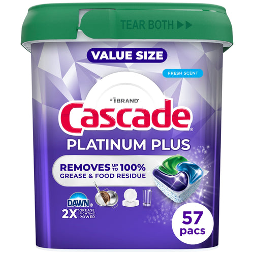 Cascade Platinum Plus purple value-size tub with green lid showing a dishwasher pod and '57 pacs' label