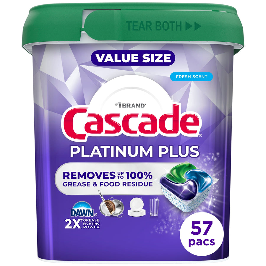 Cascade Platinum Plus purple value-size tub with green lid showing a dishwasher pod and '57 pacs' label