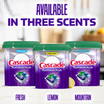 Three Cascade Platinum Plus tubs labeled Fresh, Lemon and Mountain displayed under 'Available in three scents' headline