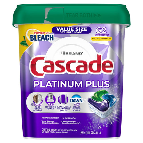 Cascade Platinum Plus dishwasher detergent tub with purple label, green lid, lemon badge and image of a multicolored action pac pod.