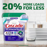 Cascade Platinum Plus value-size tub pictured beside stacked plates and a drinking glass on countertop