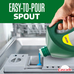Hand pouring blue Cascade Platinum gel from an easy-pour spout into a dishwasher detergent compartment with 'easy-to-pour' text