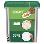 Rear/side of Cascade Platinum tub showing step graphics 'Scrape, Load, Done' with photos of dishes being scraped and loaded