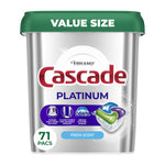 Straight-on product image of Cascade Platinum silver container with green lid and pod graphic, labeled 71 pacs and fresh scent
