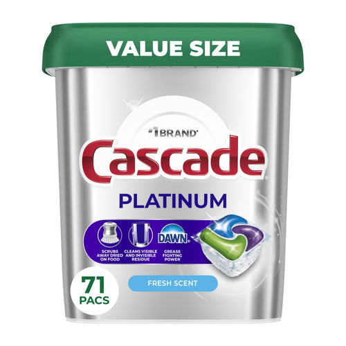 Straight-on product image of Cascade Platinum silver container with green lid and pod graphic, labeled 71 pacs and fresh scent
