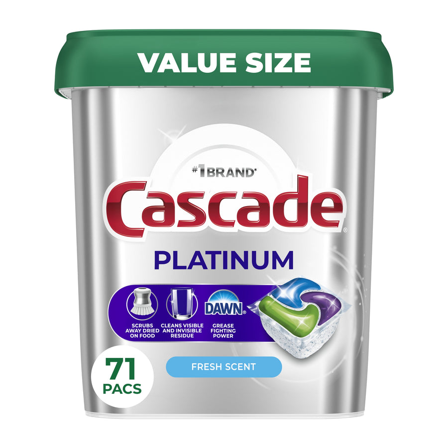 Straight-on product image of Cascade Platinum silver container with green lid and pod graphic, labeled 71 pacs and fresh scent