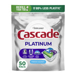 Silver resealable pouch of Cascade Platinum dishwasher pacs showing a tri‑colored pod and '50 pacs' label on front.