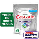 Silver resealable pouch of Cascade Platinum dishwasher pods with product badge and callout label