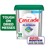 Silver tub of Cascade Platinum dishwasher pacs with green lid, 59 pacs callout and 'Tough on dried messes' graphic