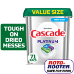 Front of a Cascade Platinum silver tub with green lid showing logo, 71 pacs badge and Roto-Rooter endorsement