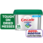 Silver Cascade Platinum tub with green lid and 34 pacs badge, fresh scent label and Roto-Rooter safe for pipes badge