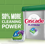 Cascade Platinum tub and enlarged pac on green tile background with headline ‘50% More Cleaning Power’
