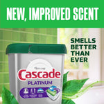 Cascade Platinum tub with green lid and leaf imagery promoting a new improved scent and fresher aroma