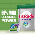 Promotional graphic showing Cascade Platinum tub and a single detergent pod with '50% More Cleaning Power' text