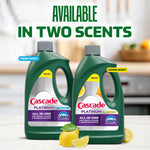 Two Cascade Platinum bottles side by side on a kitchen counter with lemons and text stating available in two scents