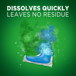 Graphic of a blue-and-green dishwasher pod dissolving with green background and text about leaving no residue