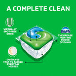 Illustration of a Cascade dishwasher pod labeled with callouts for spot-free shine and Dawn grease-fighting power
