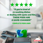 Close-up of a Cascade action pac on a dishwasher spray arm with green five-star quote testimonial text above