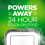 Green promotional graphic reading “POWERS AWAY 24 HOUR STUCK-ON FOOD” with a shiny metal baking pan