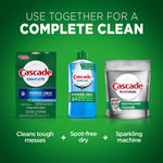 Product trio graphic showing Cascade Complete box, Cascade rinse aid bottle and Cascade Platinum cleaner with headline ‘Use together for a complete clean’