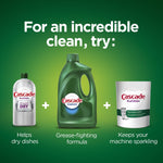 Promotional graphic showing three Cascade products on green background with heading “For an incredible clean, try:” and brief benefit captions