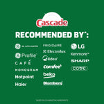 Green background graphic listing appliance brands that recommend Cascade with multiple manufacturer logos