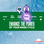 Infographic timeline showing rinse cycle step highlighted with Cascade Clean + Dry Booster bottle and message 'Enhance the Power of Your Rinse Cycle'