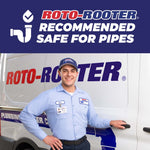 Roto-Rooter branded endorsement graphic with a uniformed technician standing in front of a service van and text claiming it’s safe for pipes