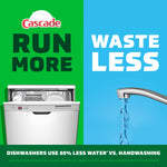 Split green and blue graphic with a dishwasher image, faucet and text 'Run More Waste Less' promoting water use messaging