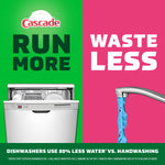 Split green and pink graphic with a dishwasher and faucet and bold text promoting dishwasher efficiency with Cascade branding