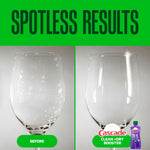 Side-by-side wine glass comparison infographic titled 'Spotless Results' showing a spotted glass 'before' and a clear glass 'after'.