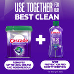 Cascade Platinum Plus tub paired with Cascade Clean & Dry booster bottle graphic promoting combined use for best clean and spot prevention