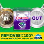 Cascade Platinum Plus tub centered between a dirty and a clean pan on a bright green promotional background