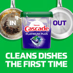 Cascade Platinum Plus tub overlaid on green background with 'IN' dirty pan and 'OUT' clean pan and bold cleansing claim