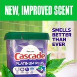 Cascade Platinum Plus tub with green lid and mint leaves, text announcing new improved scent