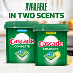 Two Cascade Complete tubs labeled fresh and lemon scent shown side by side beneath headline "Available in Two Scents"