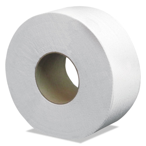 Cascades PRO white commercial toilet paper roll with visible cardboard core and subtle embossed texture, angled view