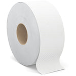 Cascades PRO white commercial toilet paper roll with exposed core and embossed sheet hanging down from the roll