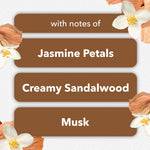 Graphic listing fragrance notes for Cashmere Woods: jasmine petals, creamy sandalwood and musk on a textured background.