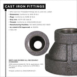 Specification-style graphic showing a close-up of a cast-iron reducing coupling and a top-down view with text listing standards and features.
