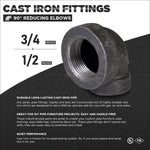 Infographic-style product image with a cast-iron 90° reducing elbow and large 3/4" x 1/2" size callout