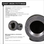 Specification panel showing cast-iron reducing elbow with close-up of threaded bore and standards text