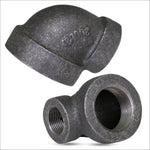 Two cast-iron reducing elbow fittings displayed at angles to show exterior texture and internal threads