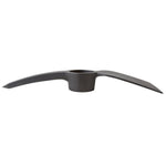 Cast metal mattock head with central socket and two curved pick and adze ends on white background