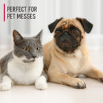 Photograph of a gray-and-white cat and a fawn pug lying on a floor with text reading 'Perfect for pet messes'
